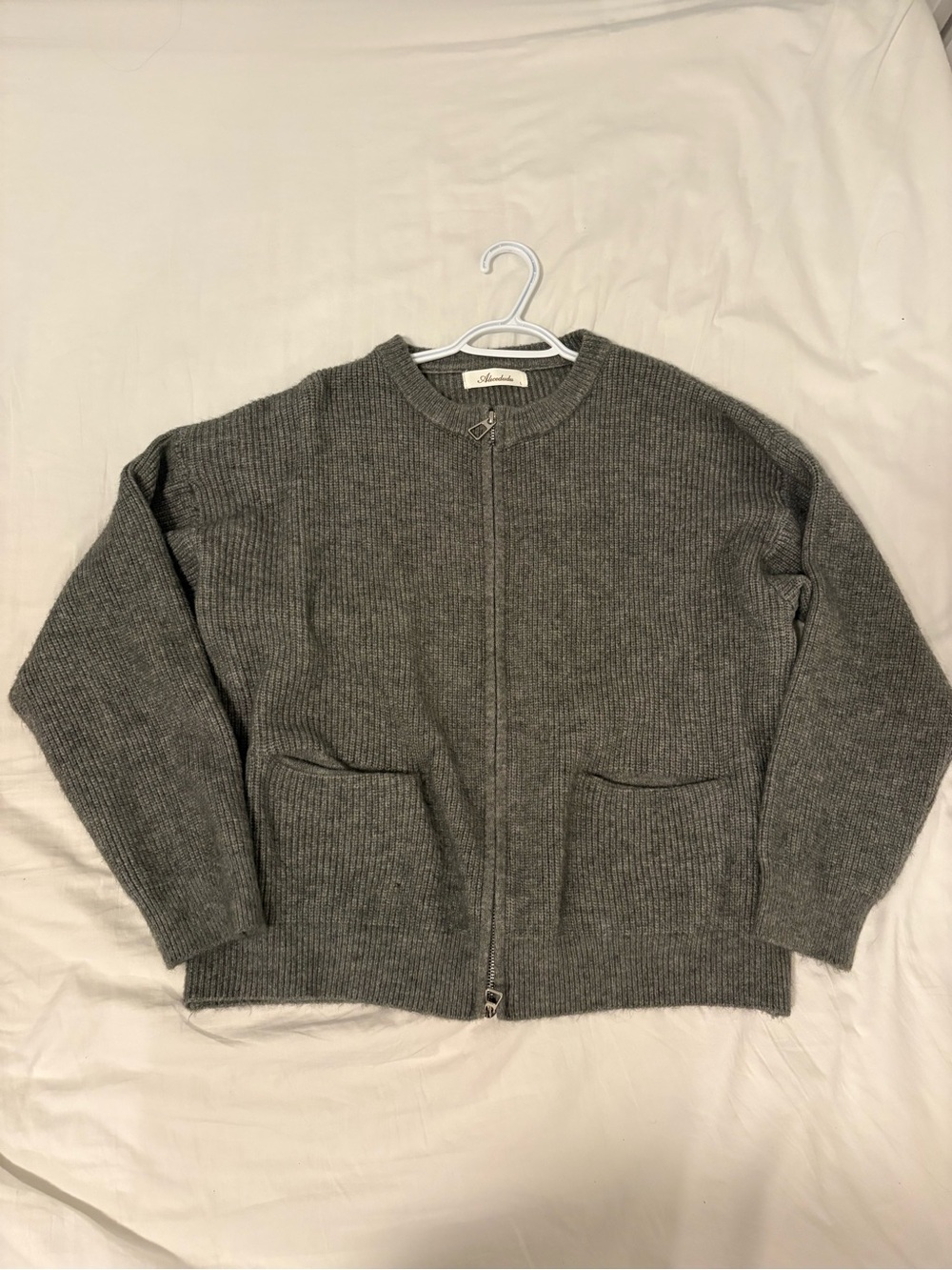 Gray Ribbed Zip Front Knit Cardigan